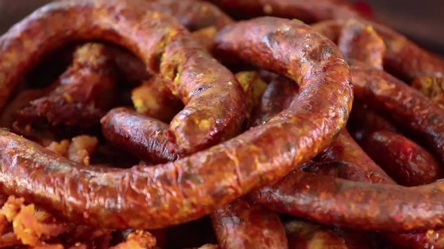 Grilled sausage,Sai Aua, Notrhern Thai Spicy Sausage and fried pork Street food.