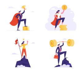 Fototapeta na wymiar Set of Successful Business Characters Winners Holding Gold Trophy above Head Stand on Top of High Rock and Pedestal. Goal Achievement, Financial Profit and Wealth. Cartoon Flat Vector Illustration