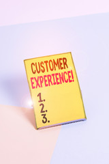 Word writing text Customer Experience. Business photo showcasing product of interaction between organization and buyer Paper placed tilted above buffer wire on soft pastel multi colours backdrop