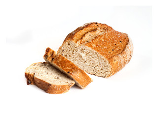 Loaf of whole wheat bread with slices isolated on white background