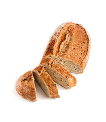 Loaf of whole wheat bread with slices isolated on white background