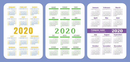 Calendar 2020 year set. Vector design collection. Color English calender. Basic grid template for print. Week starts on Sunday