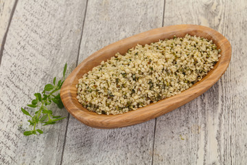 Peeled hemp seeds in the bowl