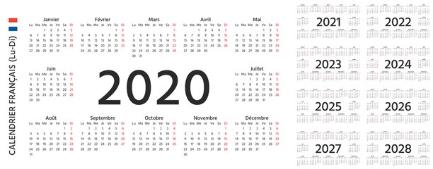 French Calendar 2020, 2021, 2022, 2023, 2024, 2025, 2026, 2027, 2028 years. Vector. Week starts Monday. France calendar wall template. Yearly organizer in simple design. Horizontal orientation.