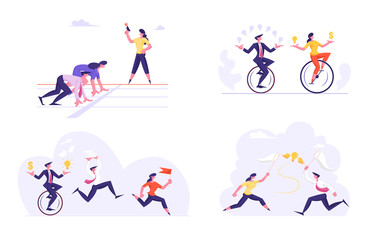 Set Business Characters Take Part in Corporate Competition and Race. Businessmen and Businesswomen Running Marathon, Riding Monowheel Juggling with Bulbs, Catch Dollar Cartoon Flat Vector Illustration