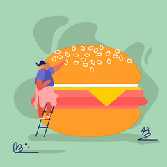 Woman Characters with Fastfood Huge Burger. Concept People Eating Street Fast Food Cafe Meal. Cartoon Flat