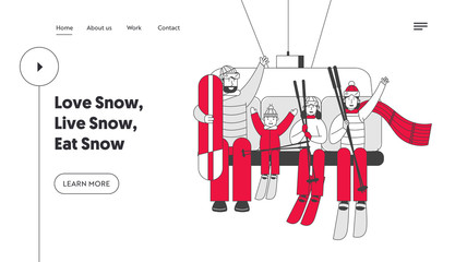 Winter Vacations Activity Website Landing Page. Skiers and Skateboarder Family of Parents and Kids Go Up Hill on Rope Mountain Elevator Web Page Banner. Cartoon Flat Vector Illustration, Line Art