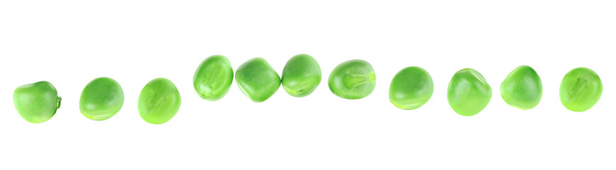 Fresh green peas isolated on a white background, top view.