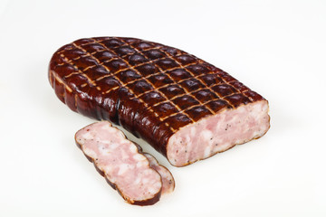 Tasty meat sausages over white background