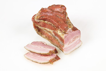 Smoked pork meat over white background