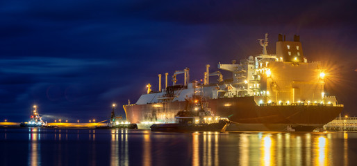 LNG tanker during the night supply of liquefied gas at the LNG terminal