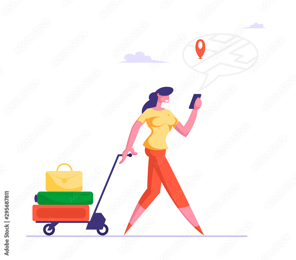 Poster people using gadget online navigation app concept. woman pulling trolley with luggage watching on mo