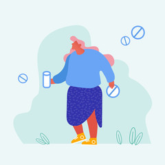 Medical People Concept Profession, Nurse, Doctor and Hospital Character Cartoon Print, Woman Physician with Pills