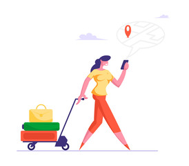 People Using Gadget Online Navigation App Concept. Woman Pulling Trolley with Luggage Watching on Mobile Phone Screen with Map and Location Marker Geo Tag Gps Pointer Cartoon Flat Vector Illustration