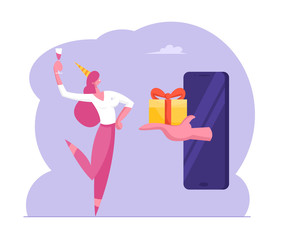 Businesswoman in Birthday Hat with Champagne Glass in Hand Receiving Gift Box from Huge Smartphone Screen. Woman Celebrate Holidays. Consumerism, Online Sale or Bonus Cartoon Flat Vector Illustration