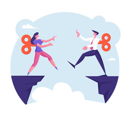 Fototapeta premium Businessman and Businesswoman with Clockwork Mechanism on Back Step into Abyss. Manipulation, Leap of Faith Concept with Business People Walk Off Cliff Searching Path Cartoon Flat Vector Illustration
