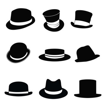 Collection of retro hats silhouette. black man's retro hat with white ribbons on a white background