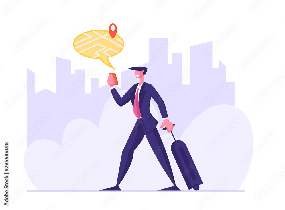 Aufkleber businessman with baggage finding right place on device map for travel or tourism. mobile gps navigat