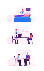 Doctor Appointment in Hospital Set. People Visiting Clinic. Woman Speak with Nutritionist, Man Communicate with Neurologist, Male Character Internal Organs Ultrasound. Cartoon Flat Vector Illustration