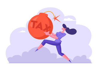Scared Businesswoman Running Fast in Panic Holding Huge Red Bomb with Sparkling Wick and Tax Inscription. Taxation Payment, Mortgage Bank Debt. Business Problems Cartoon Flat Vector Illustration