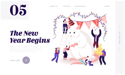 2020 New Year Celebration Website Landing Page. Tiny Male and Female Characters Caring of Huge White Mouse Symbol of Traditional Chinese Calendar Web Page Banner. Cartoon Flat Vector Illustration