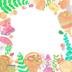 Watercolor square frame with forest plants and other elements: mushroom basket, mushrooms, ferns, leaves, sweaters and other stuff.