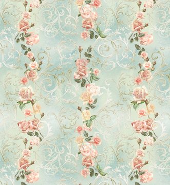 watercolor flowers, roses, pattern with patterns in the style of shabby chic