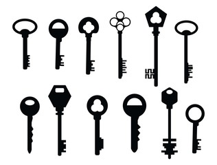 Retro vintage keys silhouettes vector set collection. Old key silhouette set isolated on white background. key icons vector