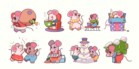 Fototapeta premium Vector illustration with cartoon mice - symbol of the Chinese new year 2020. Mice Stickers with Christmas attributes. Can be used as holiday card design elements.