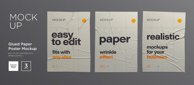 Wrinkled poster template set. Glued paper. Vector Realistic wet wrinkled posters mockup