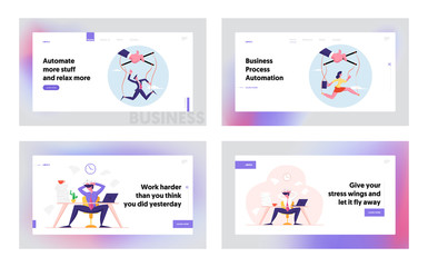 Puppet Businesspeople Manipulated with Huge Masters Hand and Deadline Stress Website Landing Page Set. Marionette Business People, Overloaded Workers Web Page Banner. Cartoon Flat Vector Illustration