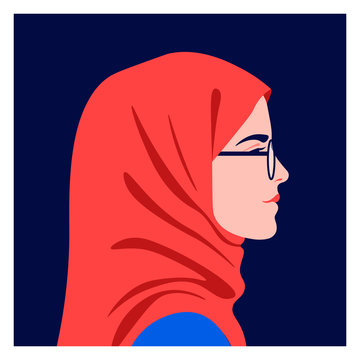 Profile Of A Muslim Girl. Side View Of An Arab Student In Headscarf. Avatar Of A Teenager In Glasses. Vector Flat Illustration