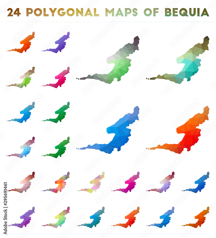 Poster set of vector polygonal maps of bequia. bright gradient map of island in low poly style. multicolore
