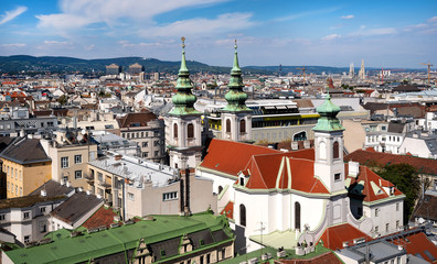 Fototapeta na wymiar Aerial view panorama of the Viennese district Mariahilf with church Mariahilf