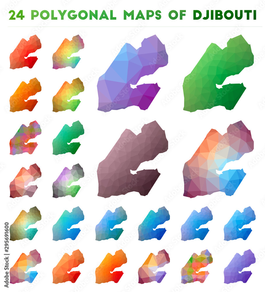 Poster set of vector polygonal maps of djibouti. bright gradient map of country in low poly style. multicol