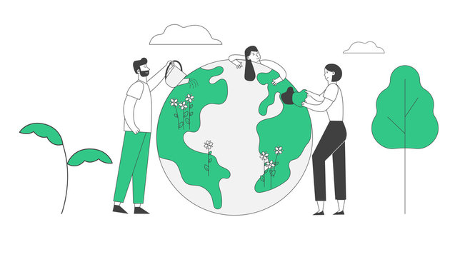 Ecological Issues, Environment Care, Day of Earth Concept. Group of People Stand near Big Earth Globe Caring and Watering Plants. Volunteers Saving Nature Cartoon Flat Vector Illustration, Line Art