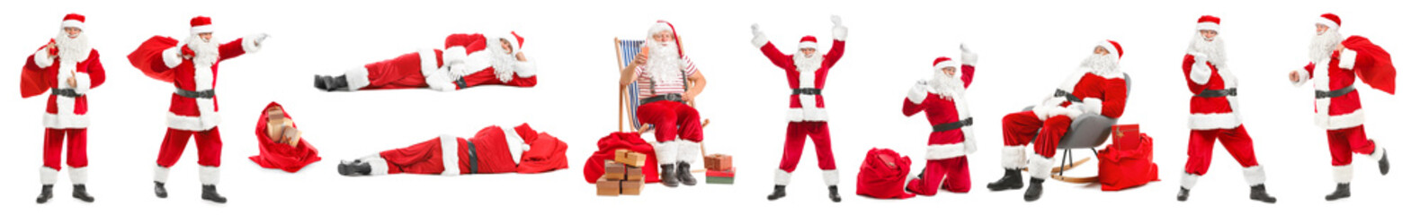 Collage with Santa Clauses on white background - obrazy, fototapety, plakaty