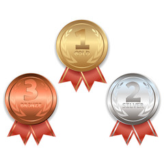 Award trophy. Winners medals. Gold. Silver. Bronze. Award medals. Set of realistic vector images.