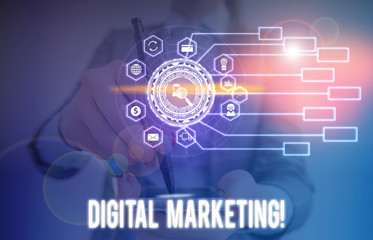 Conceptual hand writing showing Digital Marketing. Concept meaning market products or services using technologies on Internet Picture photo network scheme with modern smart device
