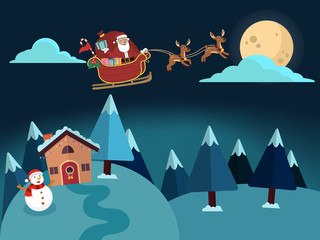 Santa Claus's reindeer pull a sleigh through the night sky to help Santa Claus deliver gifts to children on Christmas Eve.Vector illustration.
