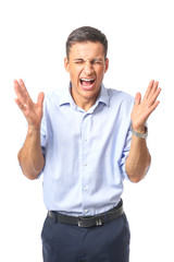 Portrait of stressed young businessman on white background