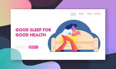 Good Night and Sleep Website Landing Page. Young Woman Cover Up Sofa with Warm Cozy Blanket for Sleeping. Domestic Life and Spare Time, Nighttime Web Page Banner. Cartoon Flat Vector Illustration