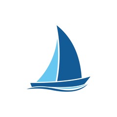 blue Sailing boat logo icon abstract vector template. Sailboat on the waves. Vector illustration