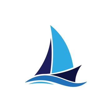 blue Sailing boat logo icon abstract vector template. Sailboat on the waves. Vector illustration