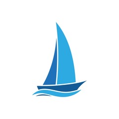 blue Sailing boat logo icon abstract vector template. Sailboat on the waves. Vector illustration