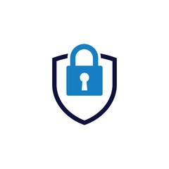 Shield with a padlock. Safe and protect logo on white background. Vector illustration.