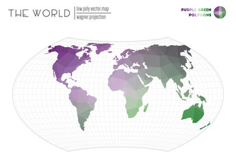 Vector map of the world. Wagner projection of the world. Purple Green colored polygons. Creative vector illustration.