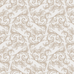 Vintage swirly botanical flourish silhouette seamless repeat vector pattern swatch.  Damask outline baroque wallpaper or drapery or curtain design.  Old hand drawn victorian antique background.