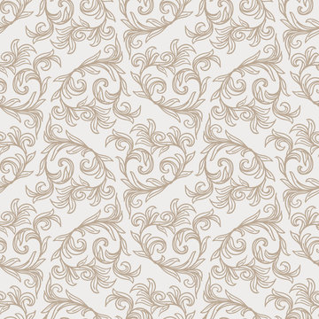 Vintage swirly botanical flourish silhouette seamless repeat vector pattern swatch.  Damask outline baroque wallpaper or drapery or curtain design.  Old hand drawn victorian antique background.