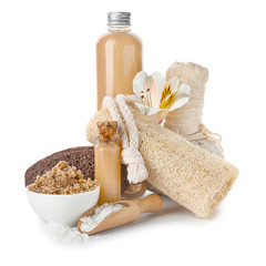 Composition with spa items and cosmetics on white background